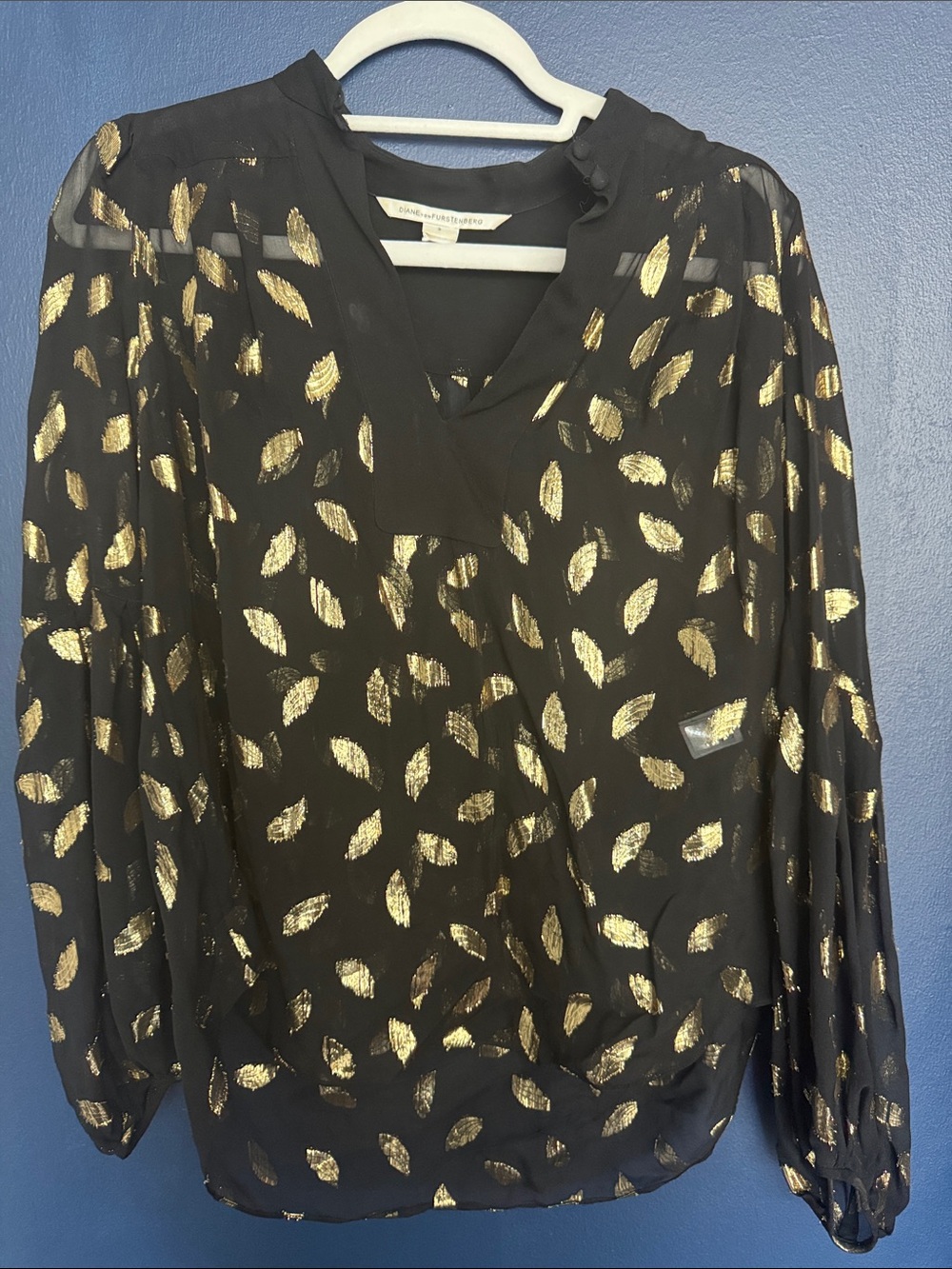 Diane Von Furstenberg Black Blouse with Gold Leaf Print